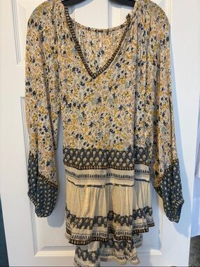 Free People Floral Smocked V-Neck in Yellow, Navy & Cream